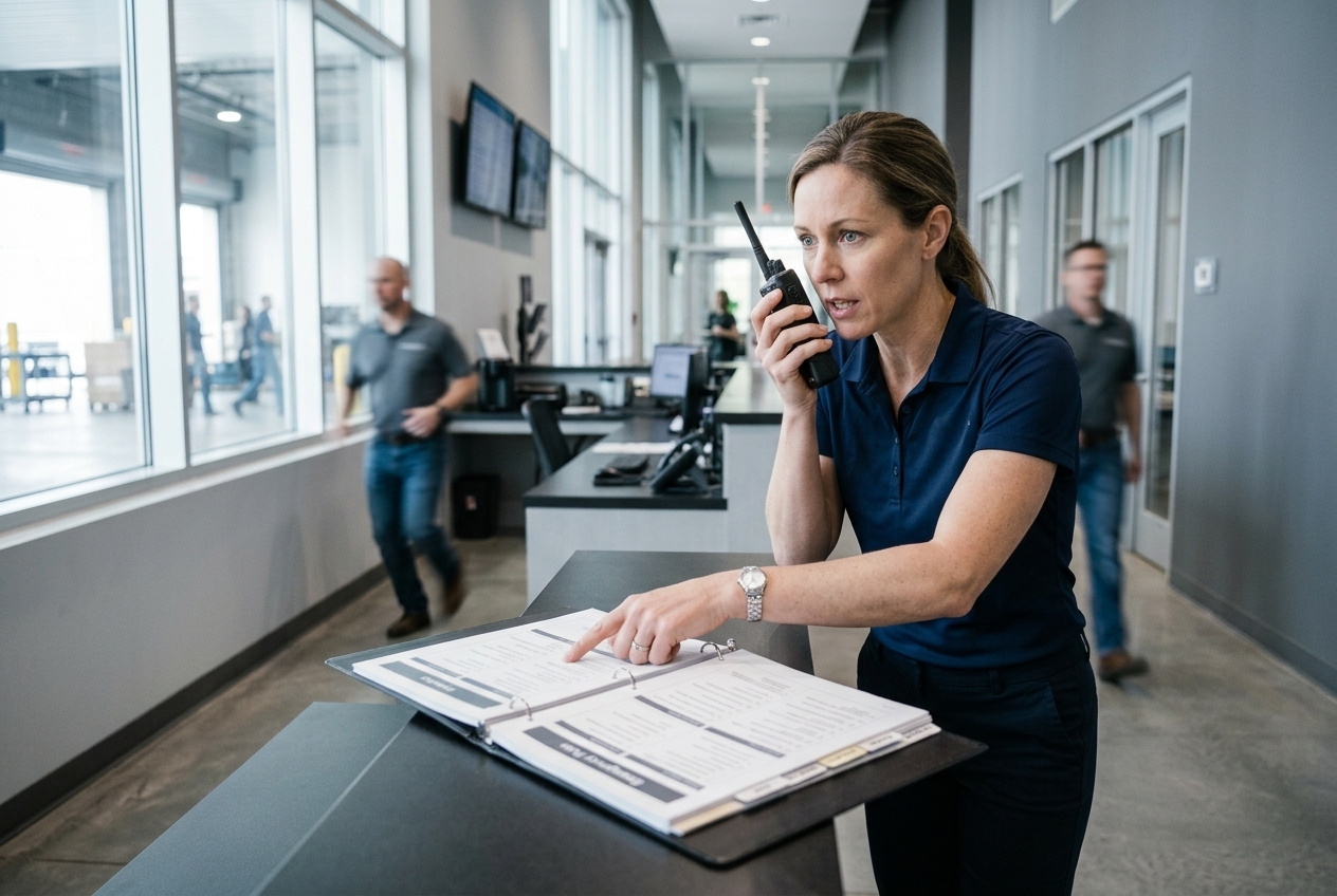Facility supervisor using a two-way radio while following an emergency communication plan binder.