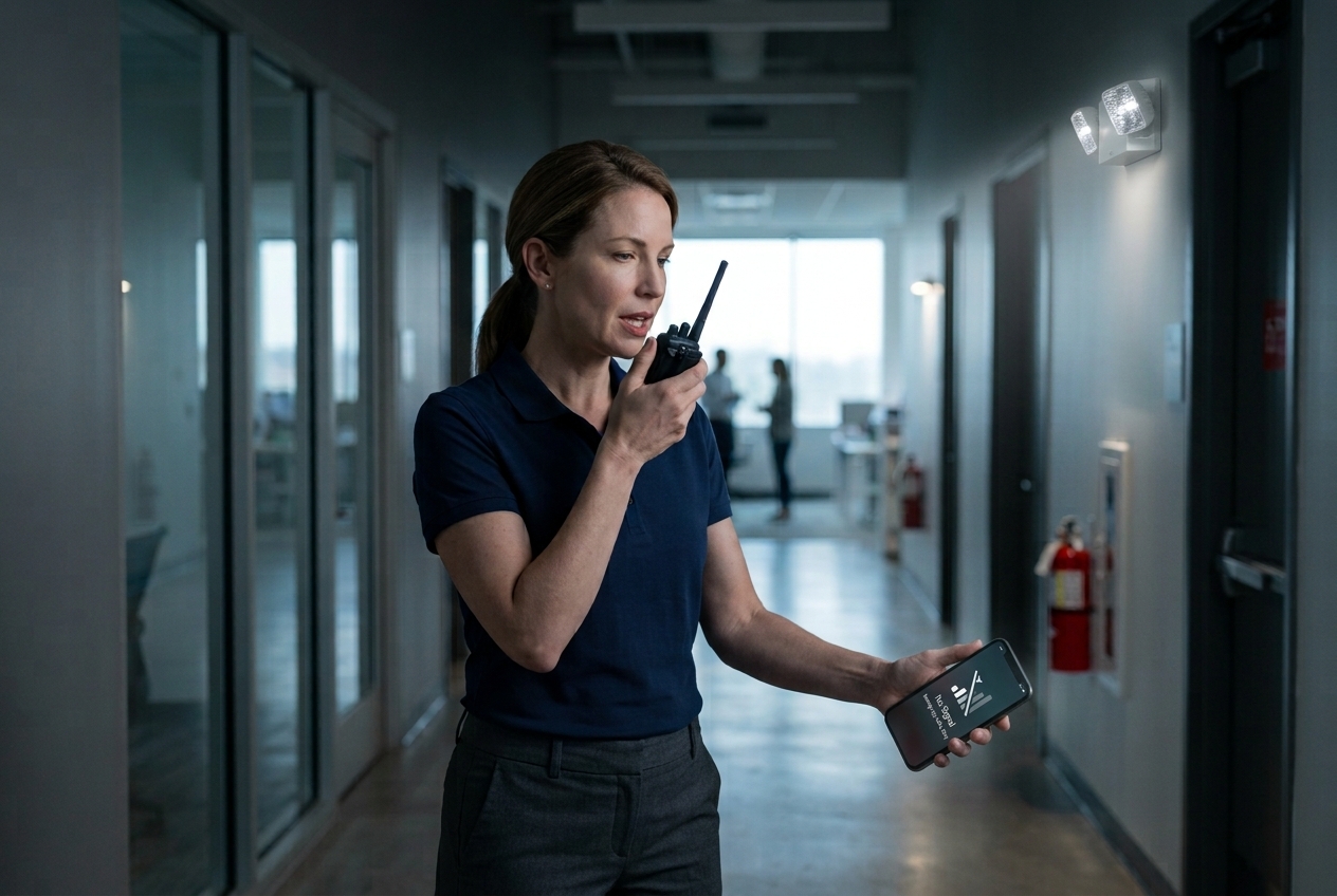 How to Build an Emergency Communication Plan That Works 1 Employee using a two-way radio in a dim office hallway during a power outage while her smartphone shows no signal.