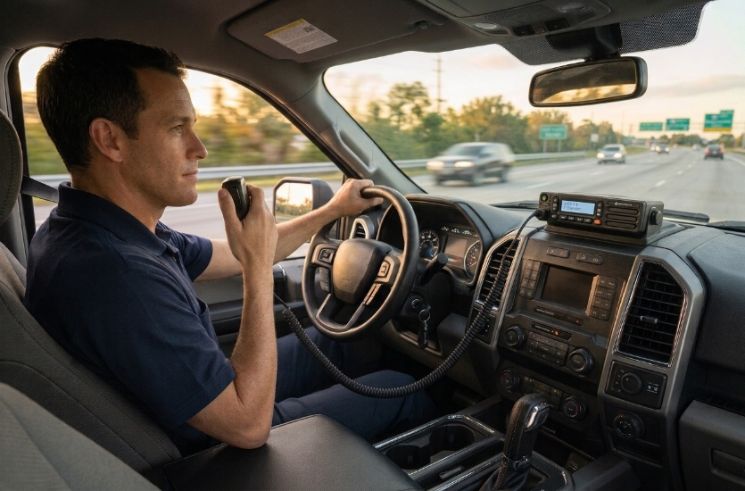 Service technician driving a work truck on a highway, talking on a Motorola TLK 150 mobile radio mounted on the dashboard.