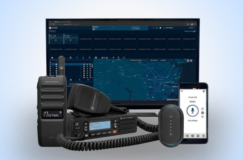 Motorola WAVE PTX devices including the TLK 110 radio, TLK 150 mobile radio, TLK 25 wearable, and smartphone app in front of the WAVE PTX Dispatch screen.