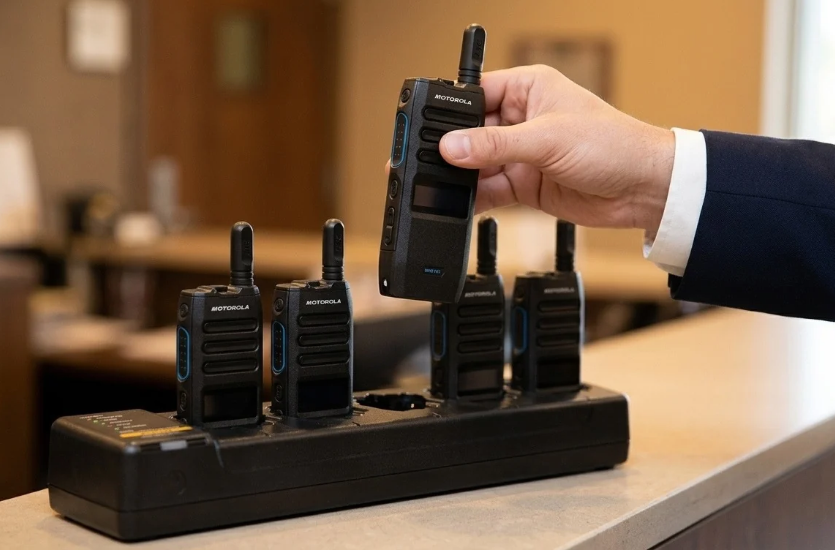 Best Accessories for Motorola WAVE Radios (TLK Series) 1 Hotel staff member lifting a Motorola TLK 110 radio out of a multi-unit charger at the start of a shift.